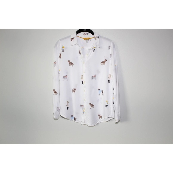 Joules Elvina Dog Print Button Up Shirt White Blouse LS Women's Size 2 H13483 - Picture 2 of 14